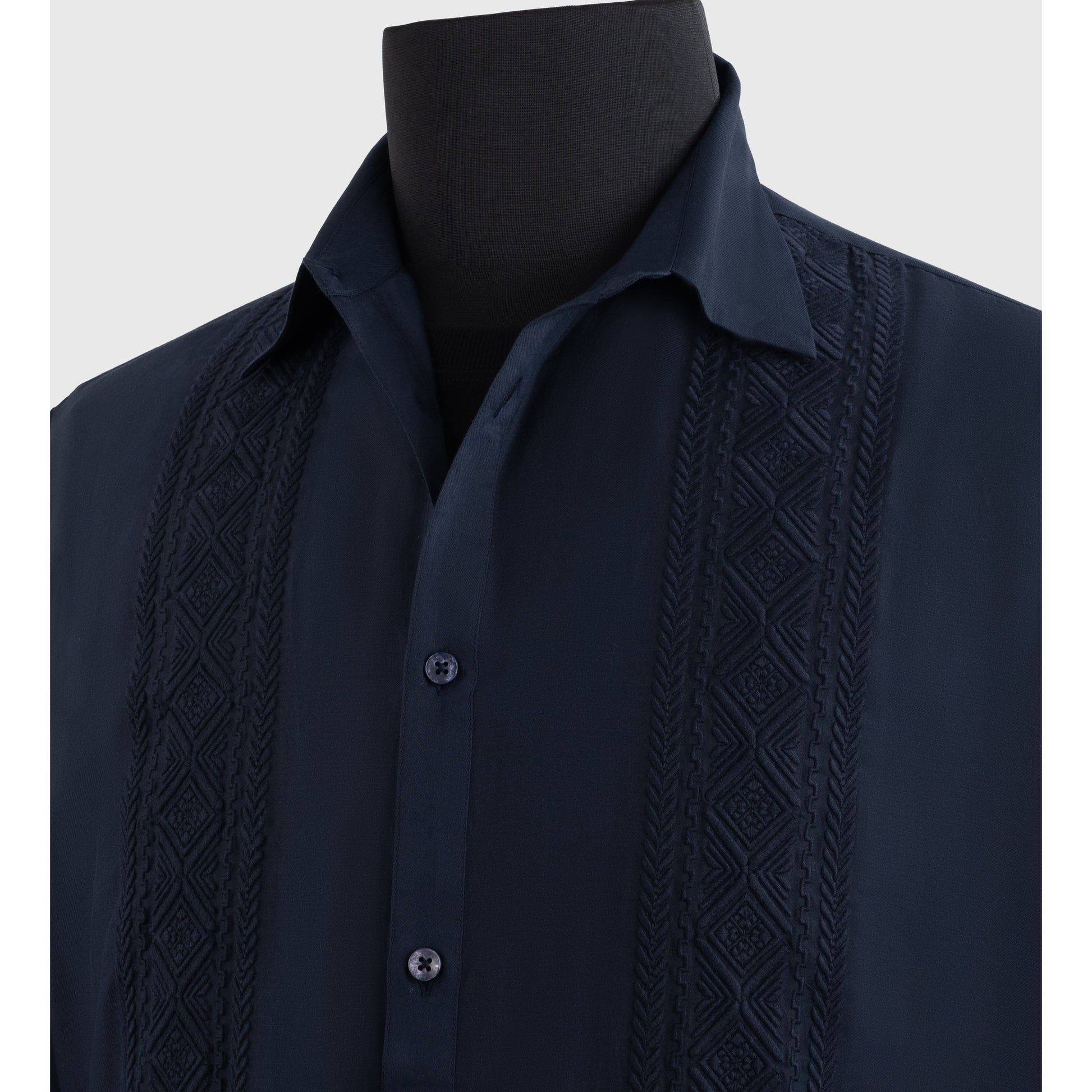 Navy cotton silk shirt tonal geometric embroidery detail