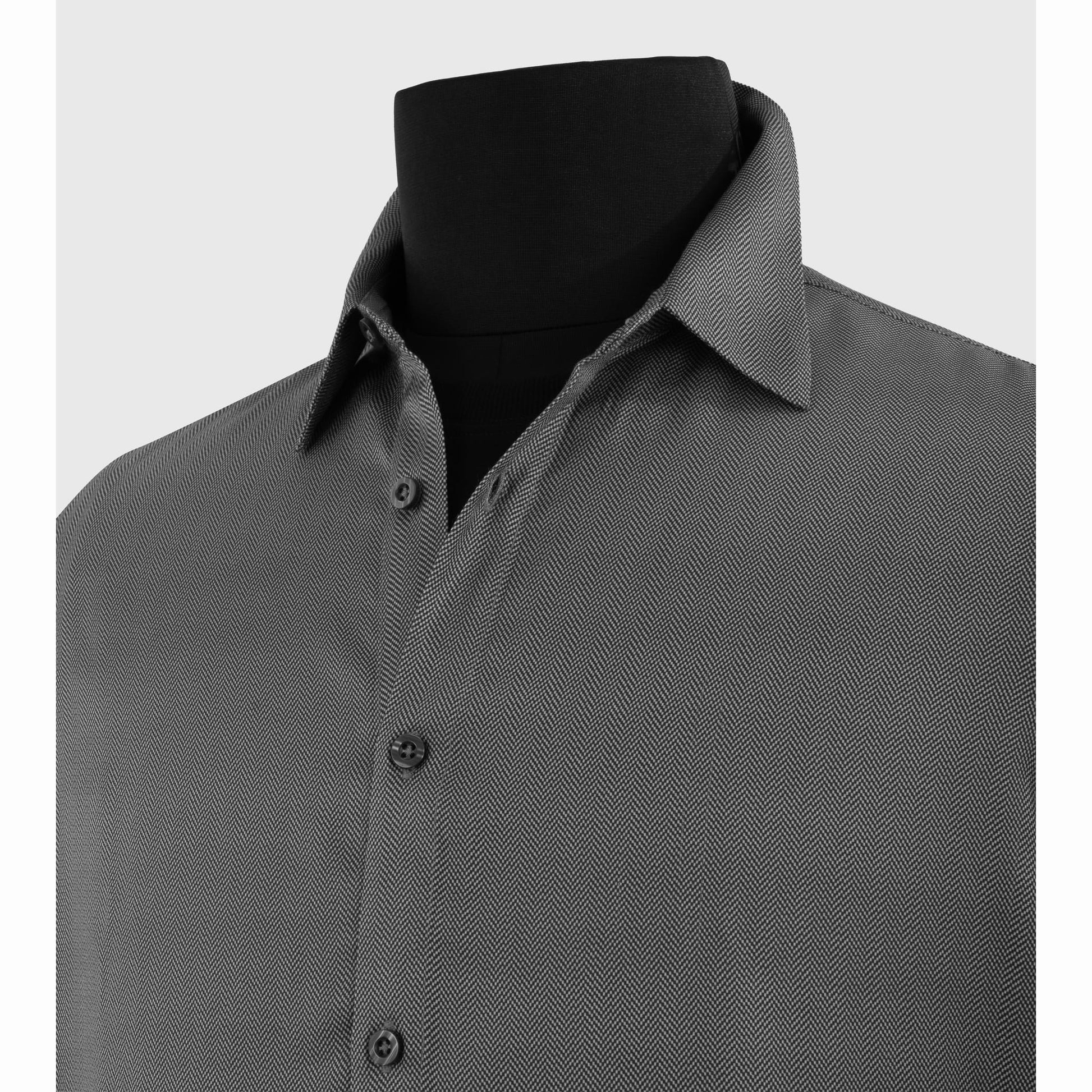 Close-up of pointed collar and placket on dark gray satin shirt