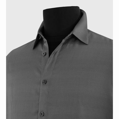 Close-up of pointed collar and placket on dark gray satin shirt