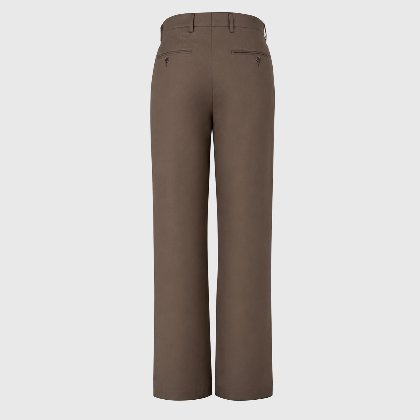 Back view of khaki brown straight leg trousers featuring welt pockets and belt loops