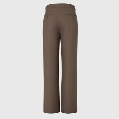 Back view of khaki brown straight leg trousers featuring welt pockets and belt loops