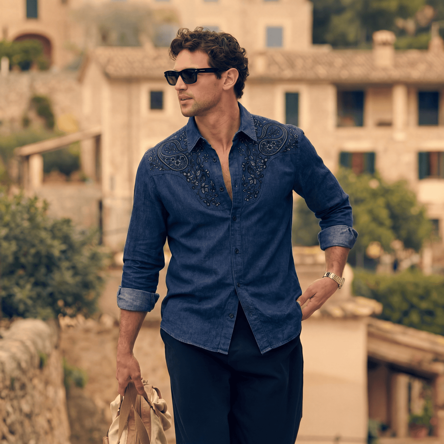 Slim fit navy embroidered denim shirt styled for casual upscale occasions