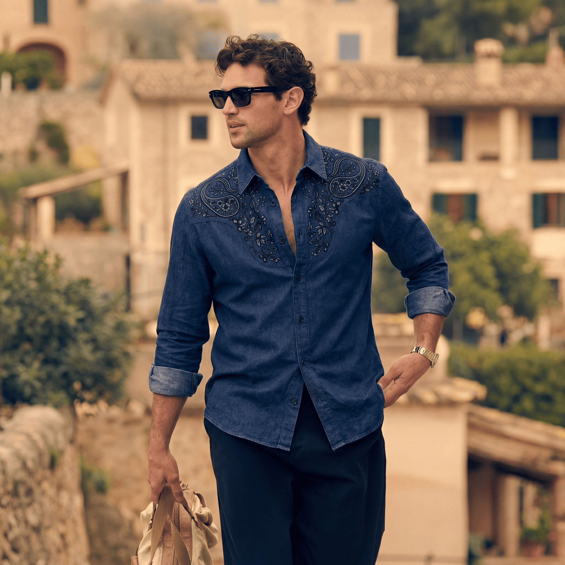 Slim fit navy embroidered denim shirt styled for casual upscale occasions