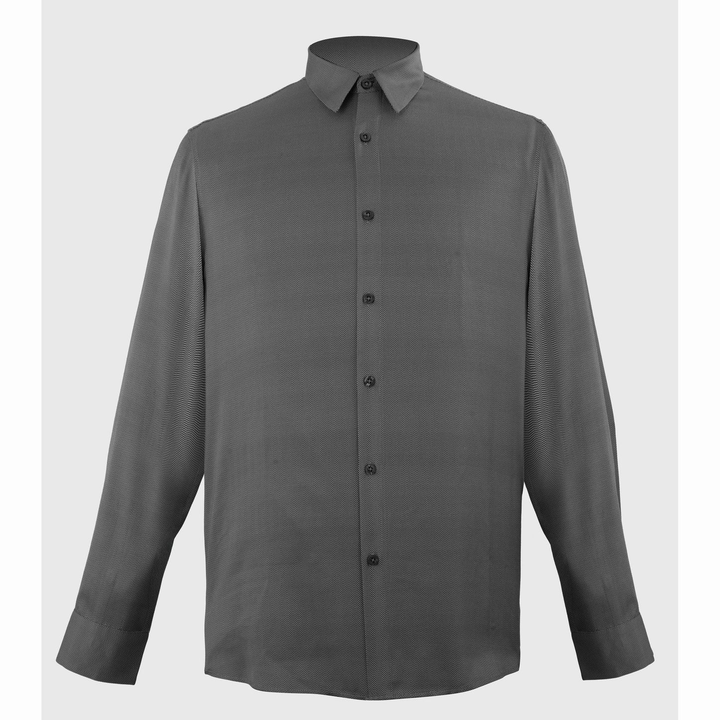 Dark gray fluid viscose-satin evening shirt with geometric micro-print