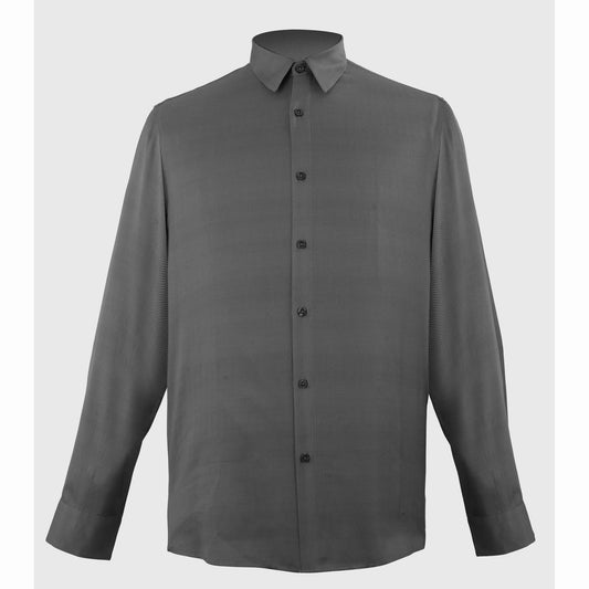 Dark gray fluid viscose-satin evening shirt with geometric micro-print