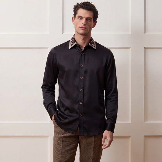 Embroidered Black Linen-Satin Shirt With Sheen| The Grace Edition