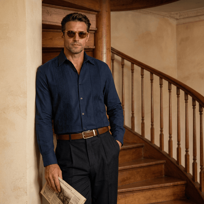 Navy ceremonial fusion shirt worn by man with newspaper
