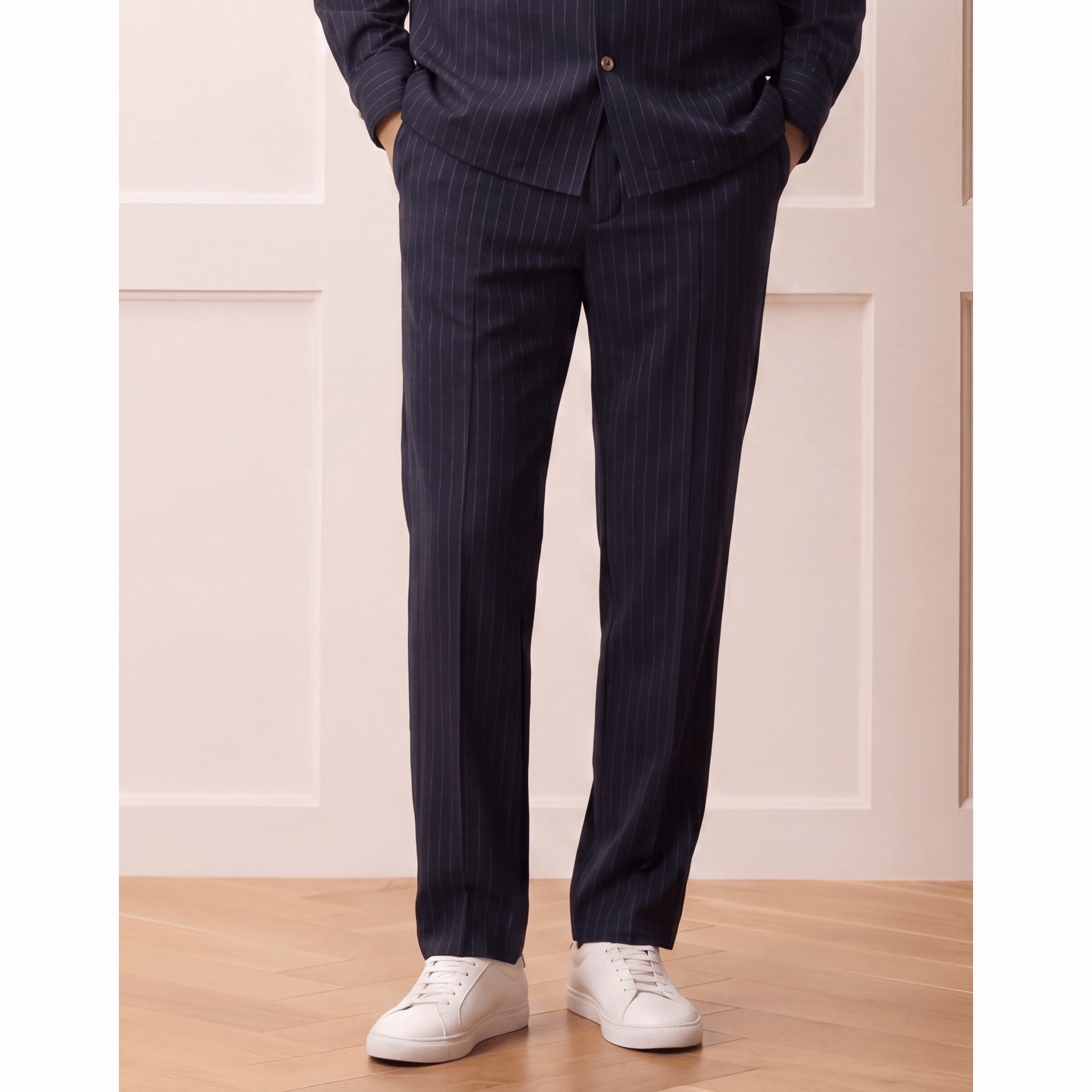 Dark navy pinstripe trousers straight leg flat front tailored fit