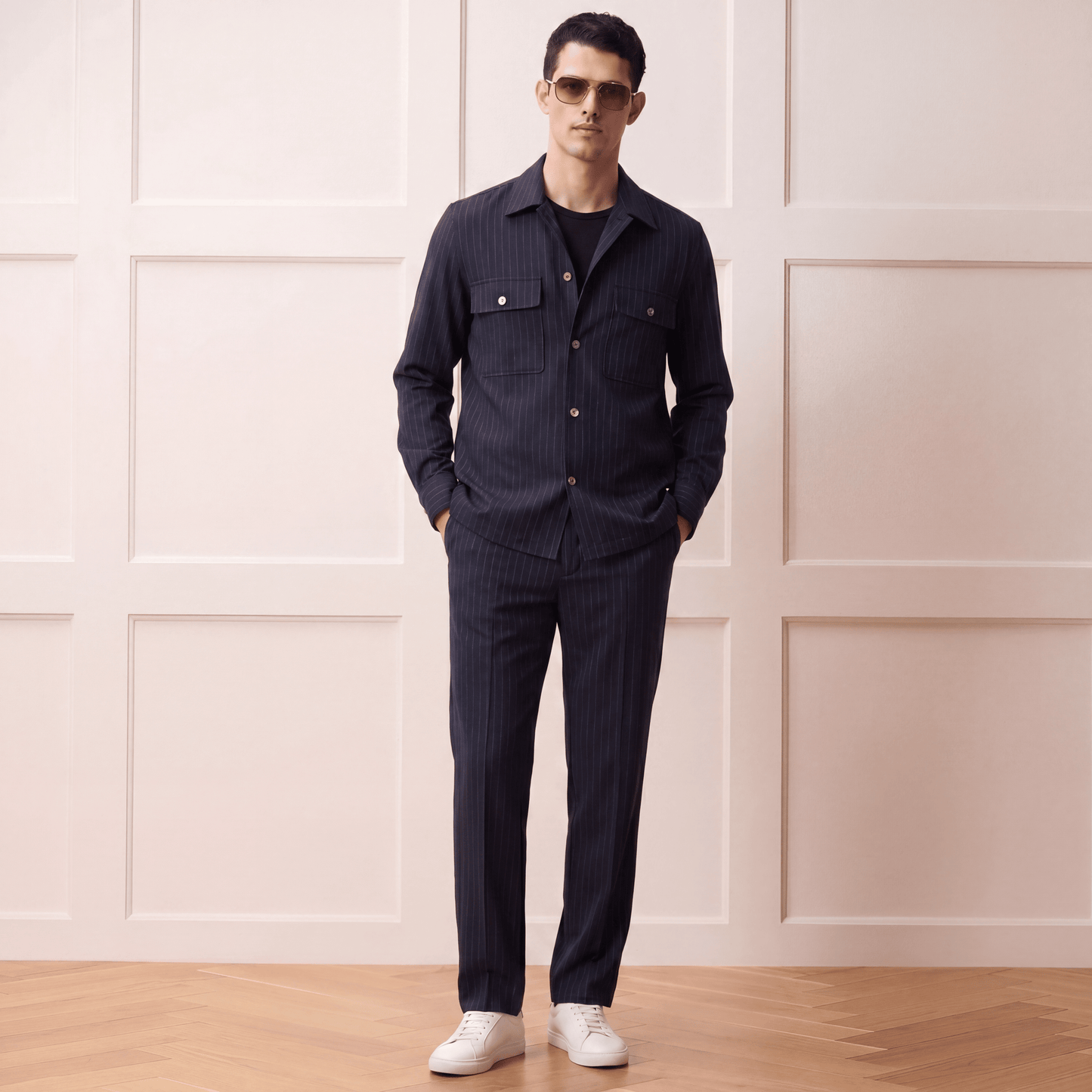 Navy Lurex-Stripe Shacket with matching trousers in classic fit