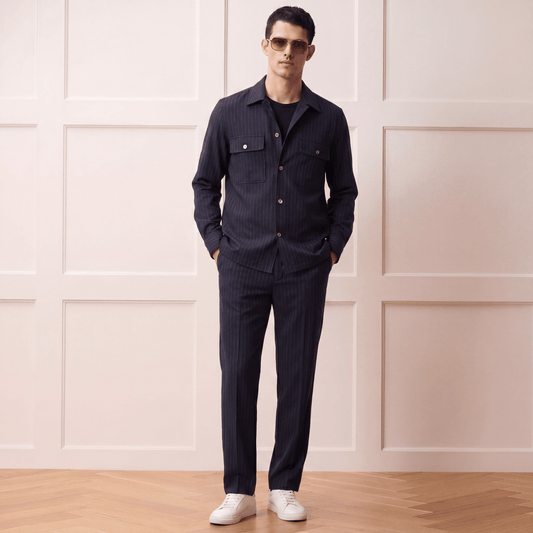 Navy Lurex-Stripe Shacket with matching trousers in classic fit