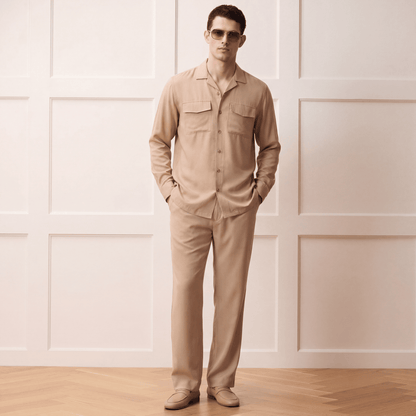 Men's tan Tencel shirt and trousers monochromatic travel outfit