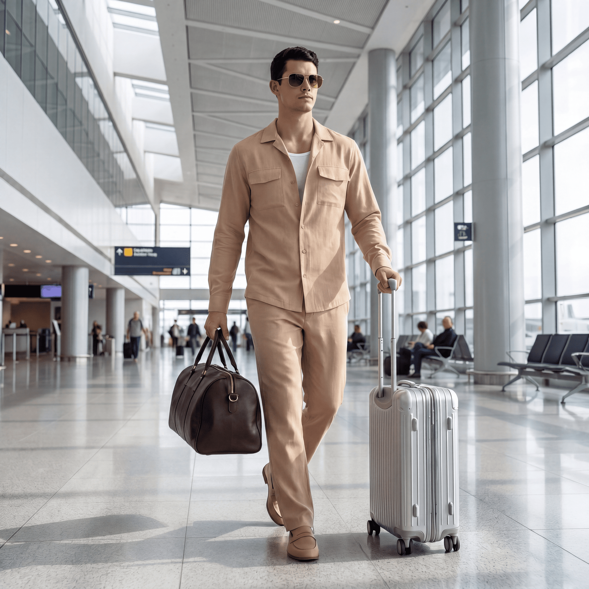 Man wearing beige liquid tailoring trousers walking through airport terminal