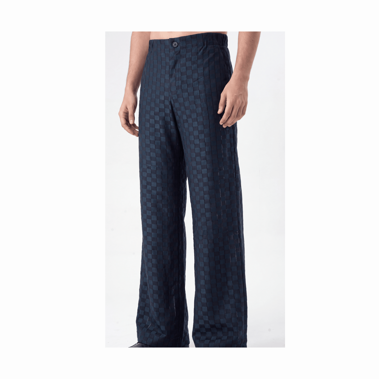 Dark navy textured-weave trousers with tonal shadow-check jacquard and high-waisted wide-leg fit