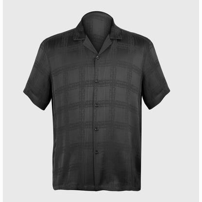 Front dark gray short sleeve viscose jacquard shirt on mannequin