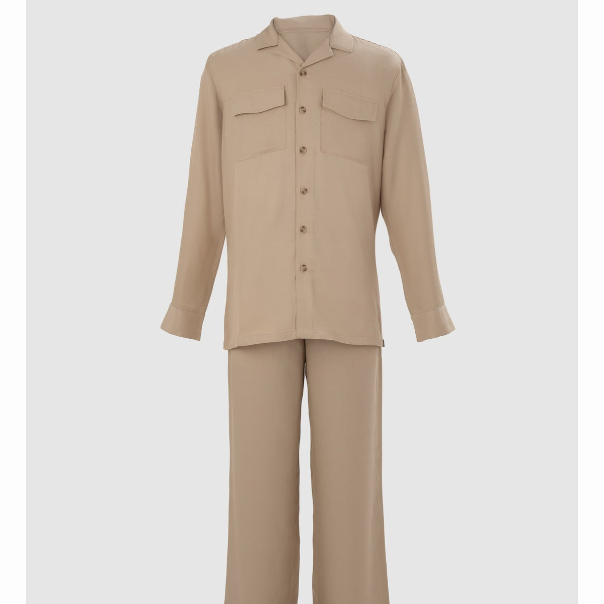 Beige Tencel trousers and shirt set flat lay with relaxed drape