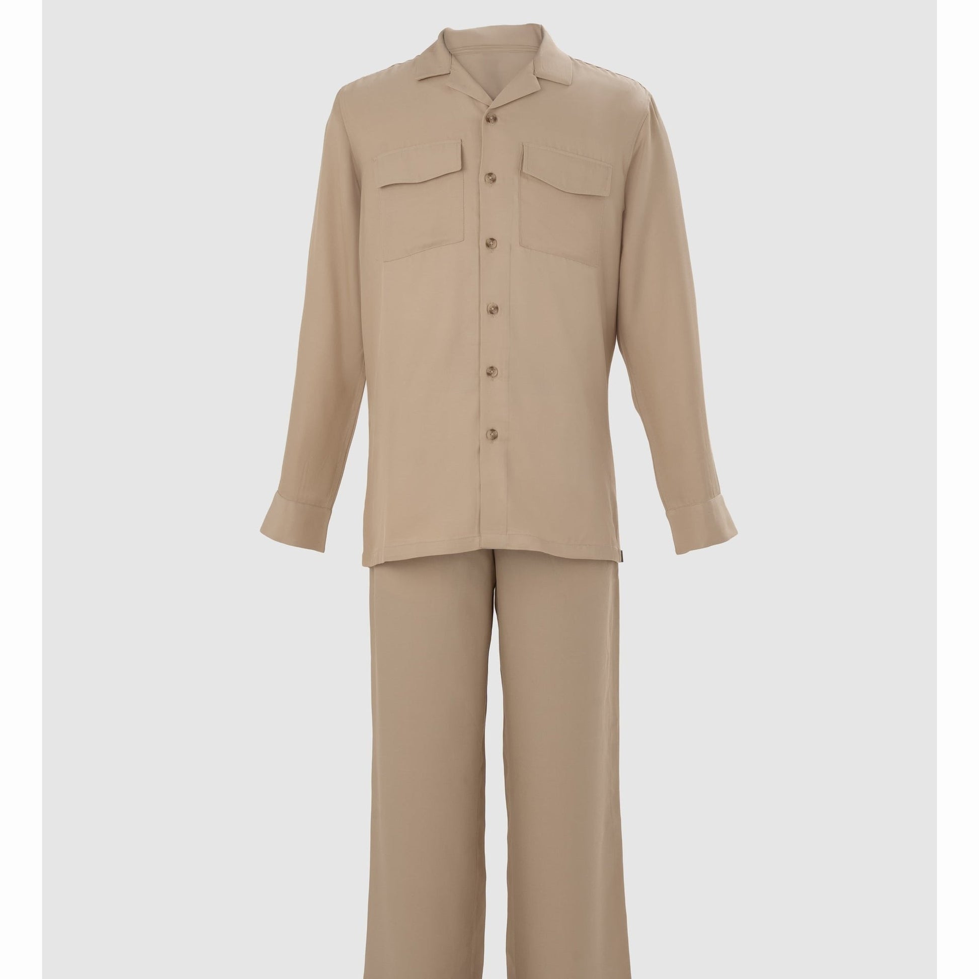 Beige Tencel trousers and shirt set flat lay with relaxed drape