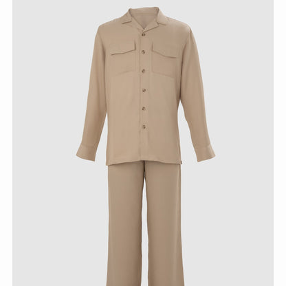 Beige Tencel trousers and shirt set flat lay with relaxed drape