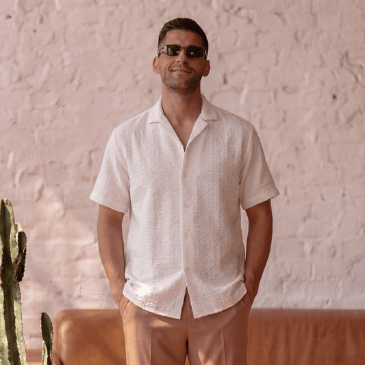 Front view white viscose jacquard shirt with geometric weave pattern