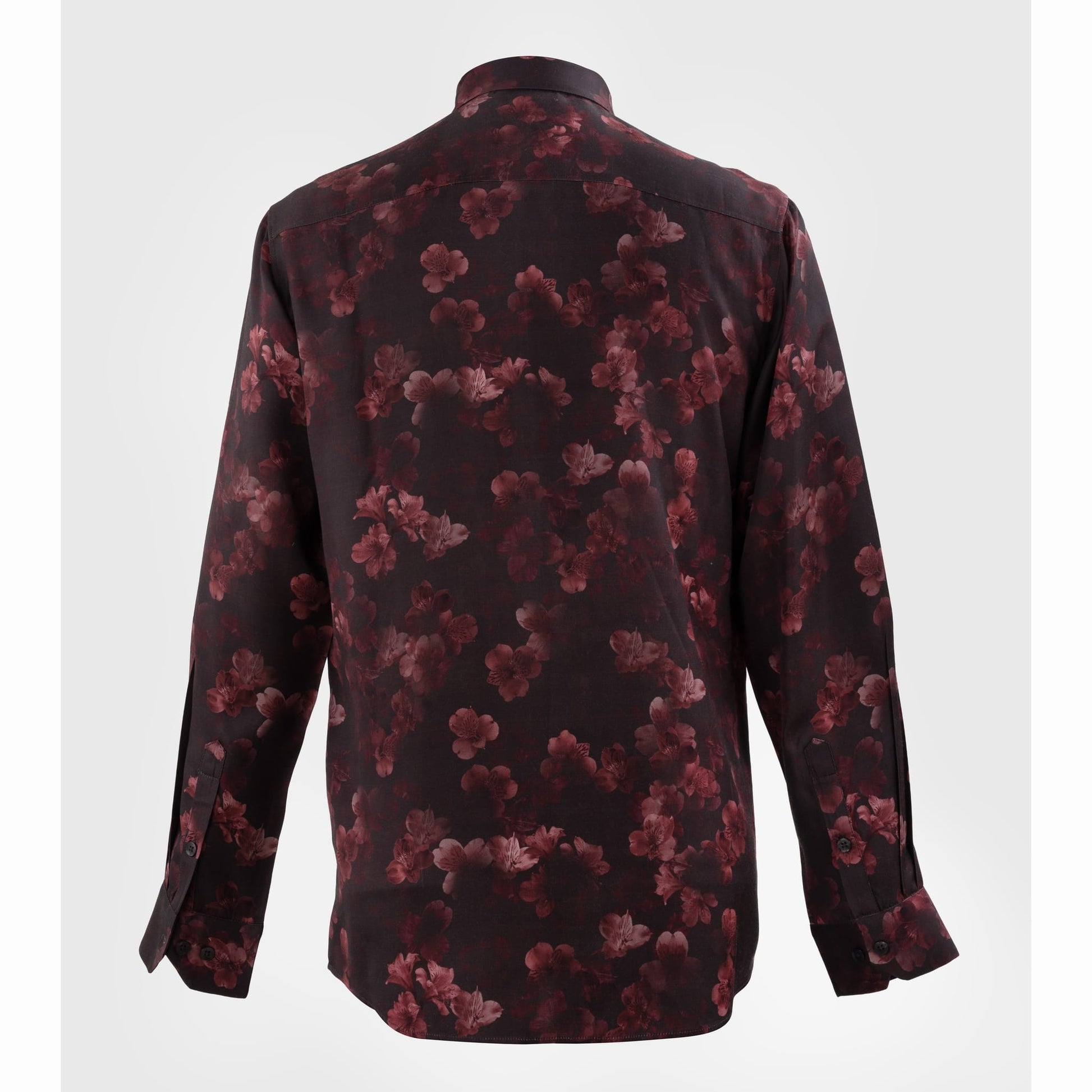 Back view of long-sleeve burgundy floral viscose satin shirt