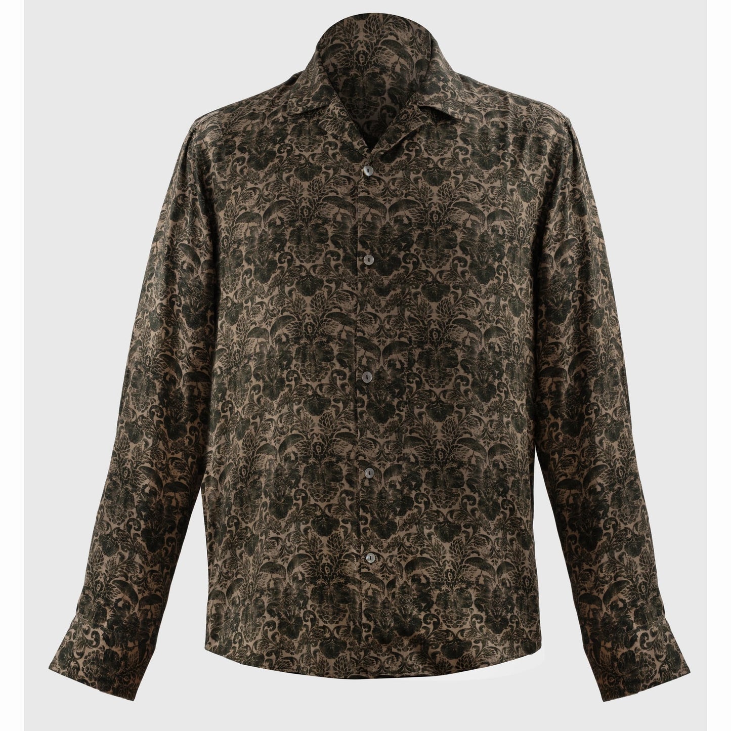 Brown floral damask Cuban collar viscose shirt on mannequin