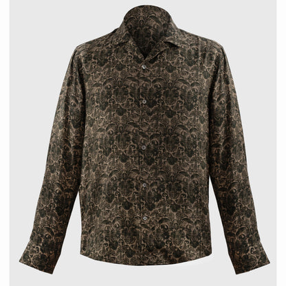 Brown floral damask Cuban collar viscose shirt on mannequin