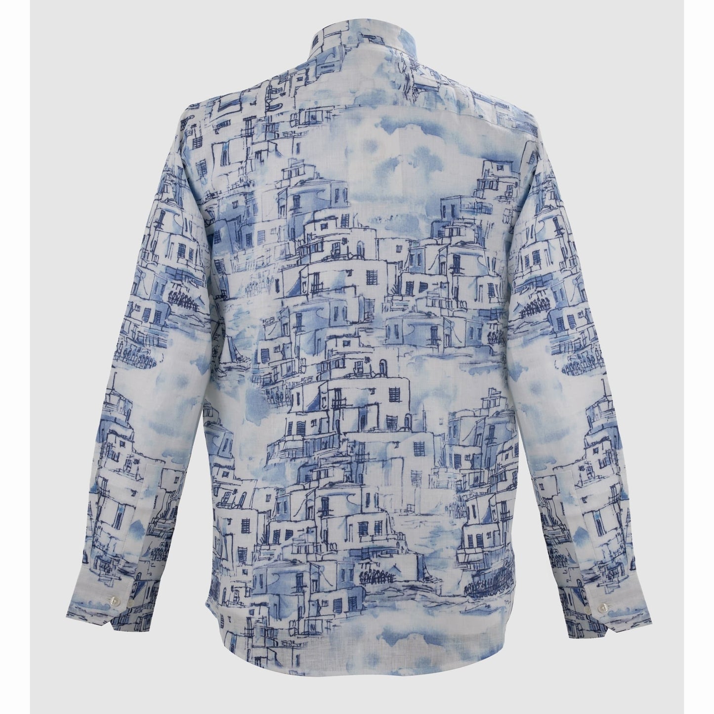 Back view of blue and white architectural sketch linen button-up shirt