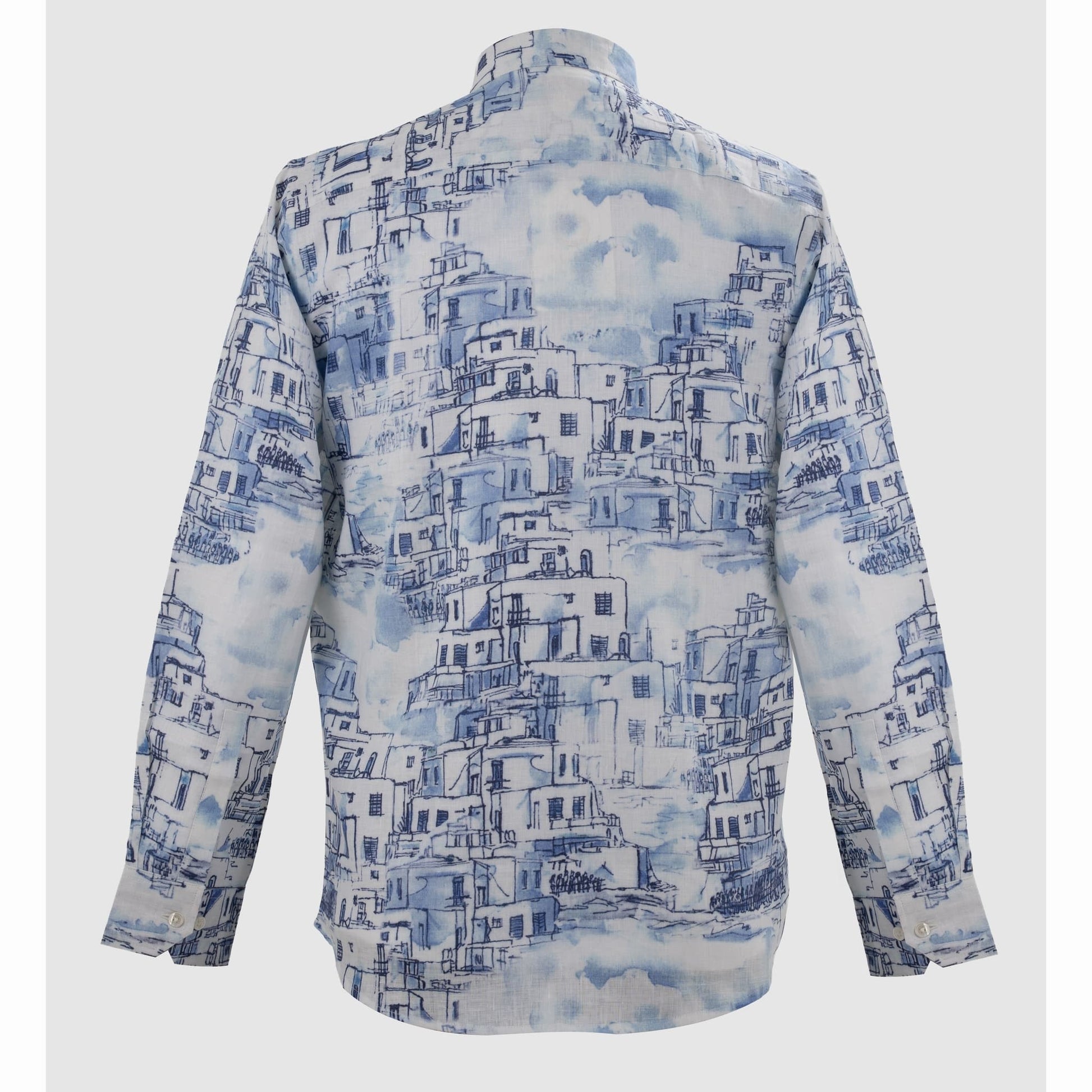 Back view of blue and white architectural sketch linen button-up shirt