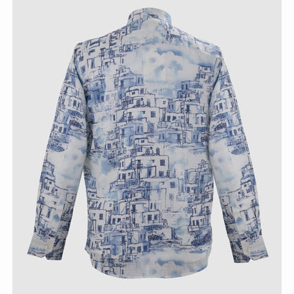 Back view of blue and white architectural sketch linen button-up shirt
