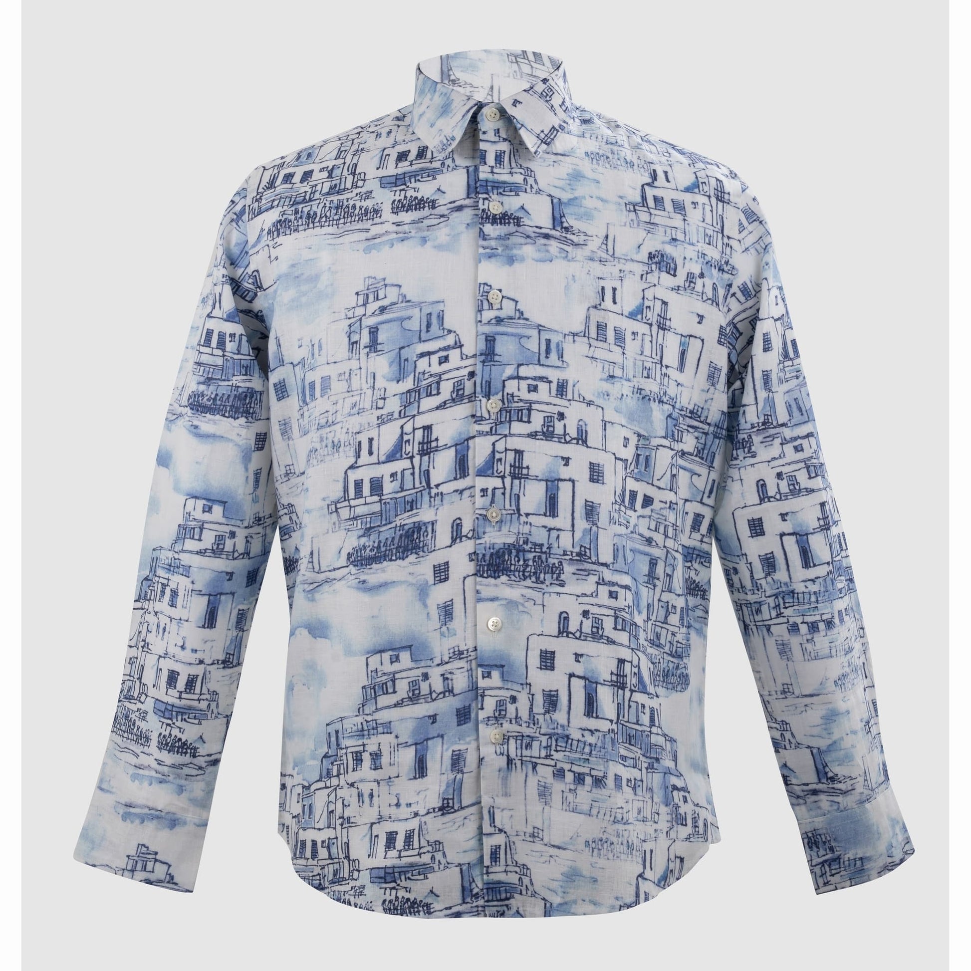 Flat lay of full length blue white architectural sketch linen narrative shirt