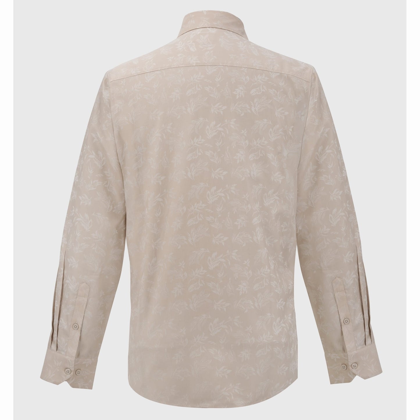 Back view of men's light beige long-sleeve shirt with leafy jacquard pattern and barrel cuffs