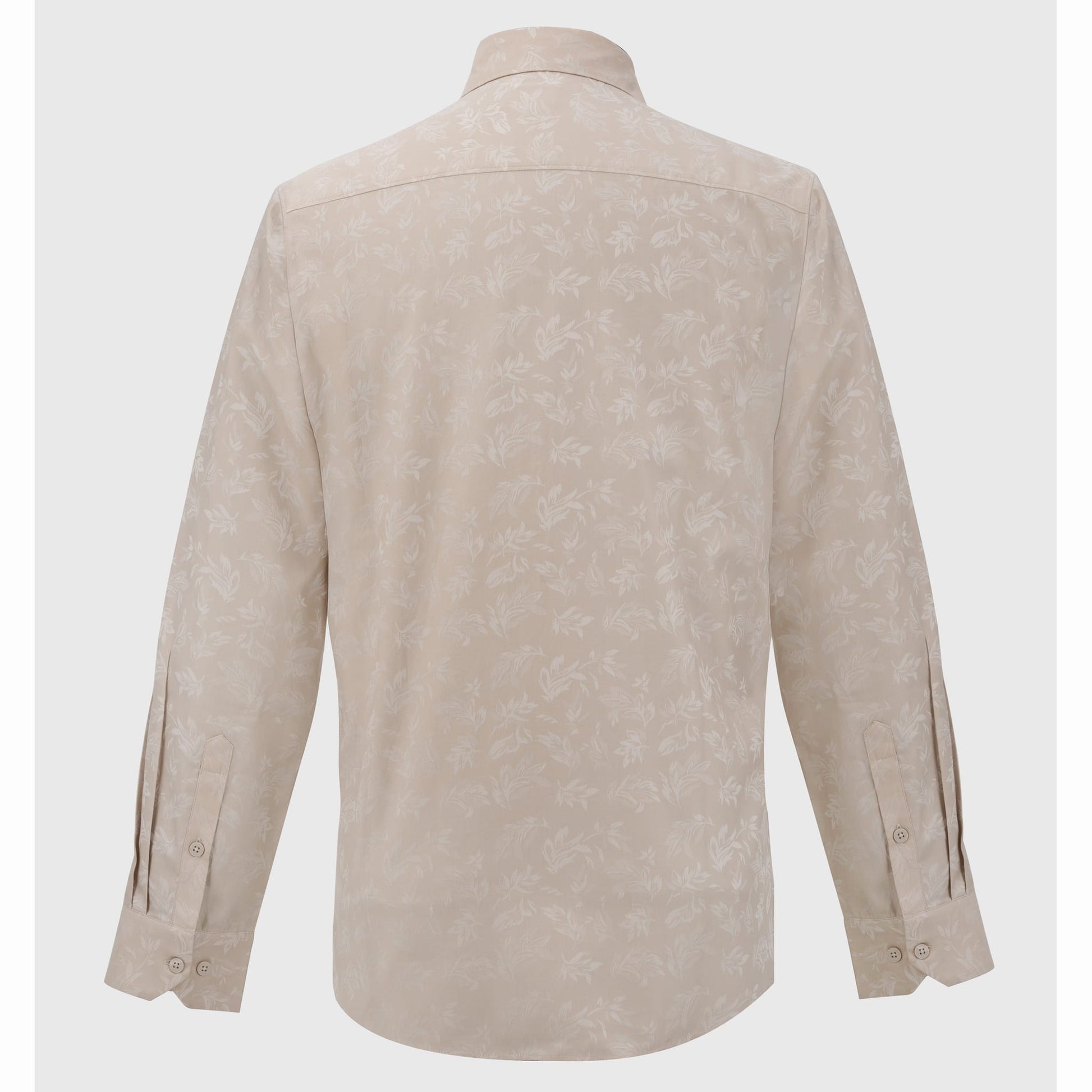 Back view of men's light beige long-sleeve shirt with leafy jacquard pattern and barrel cuffs