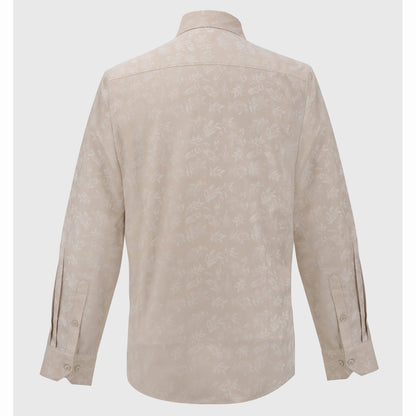 Back view of men's light beige long-sleeve shirt with leafy jacquard pattern and barrel cuffs